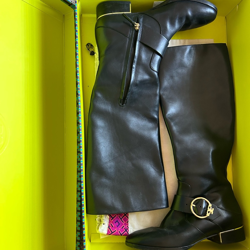 Tory Burch Sofia riding boots in black, sz 8 - includes box, bag, and dust bag